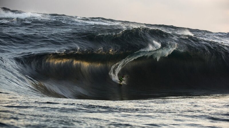 Surfer in Large Wave — Blue, Dramatic, Sunset