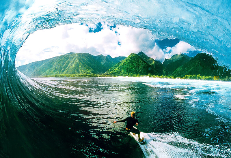 Surfer in Ocean Wave — Blue, Dramatic, Afternoon, Photograph, Mountains
