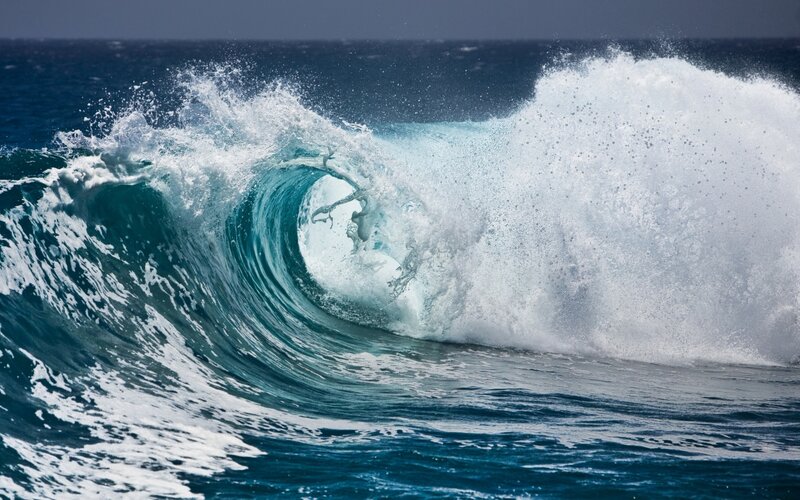 Surfer in Ocean Wave — Blue, Dramatic, Afternoon, Photograph, Sky