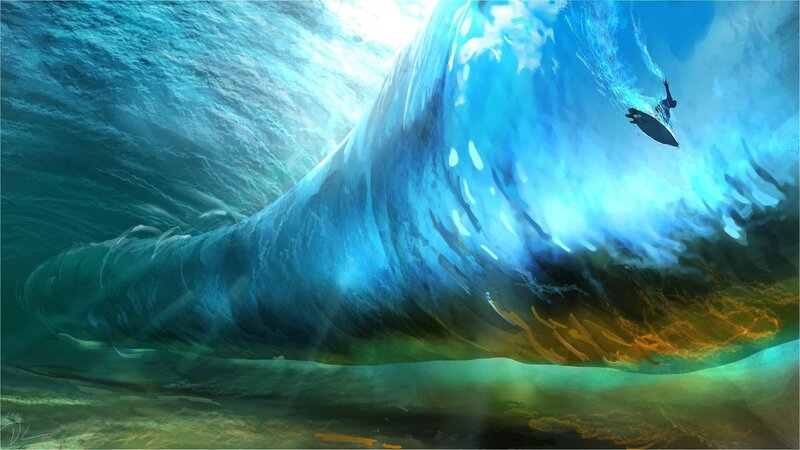 Surfer in Ocean Wave — Blue, Dramatic, Digital Art