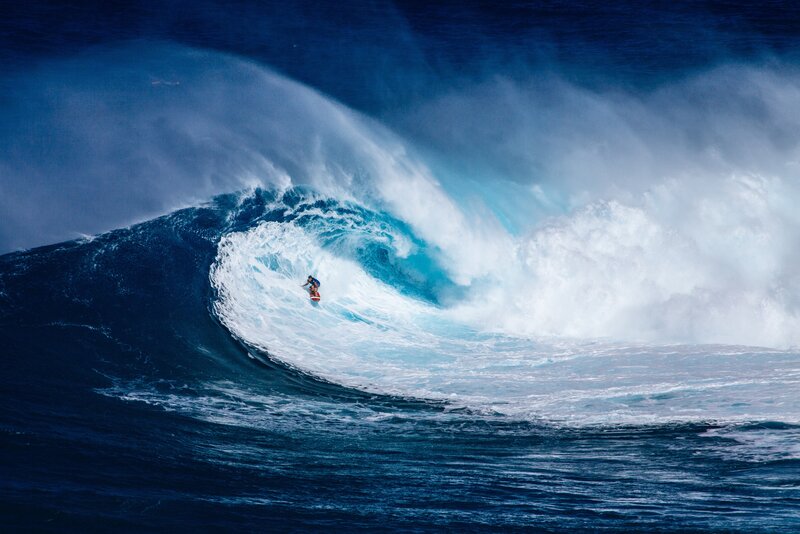 Surfer in Ocean Wave — Blue, Dramatic, Photograph
