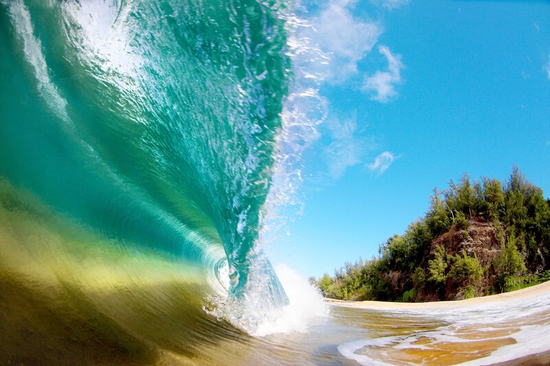 Surfer in Wave Tunnel — Blue, Dramatic, Afternoon, Photograph, Beach