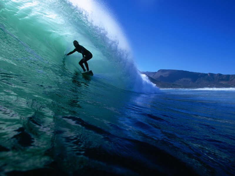 Surfer in Wave Tunnel — Blue, Dramatic, Afternoon, Photograph, Mountain, Ocean