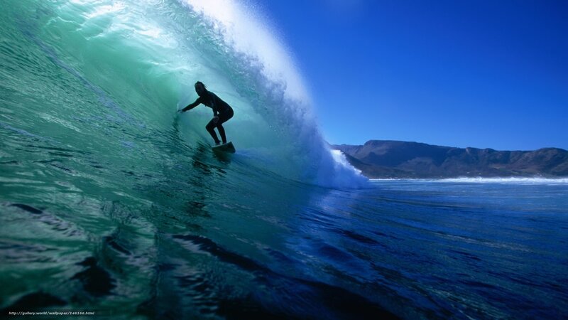 Surfer in Wave Tunnel — Blue, Dramatic, Afternoon, Photograph, Mountains