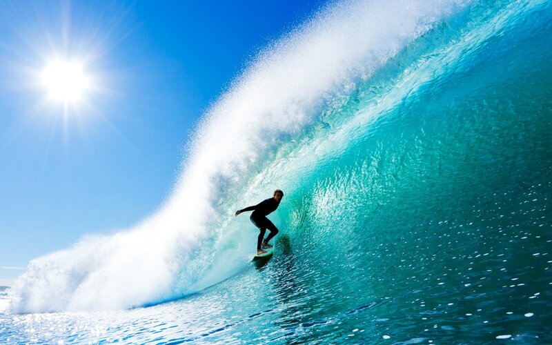 Surfer in Wave Tunnel — Blue, Dramatic, Afternoon, Photograph, Sun