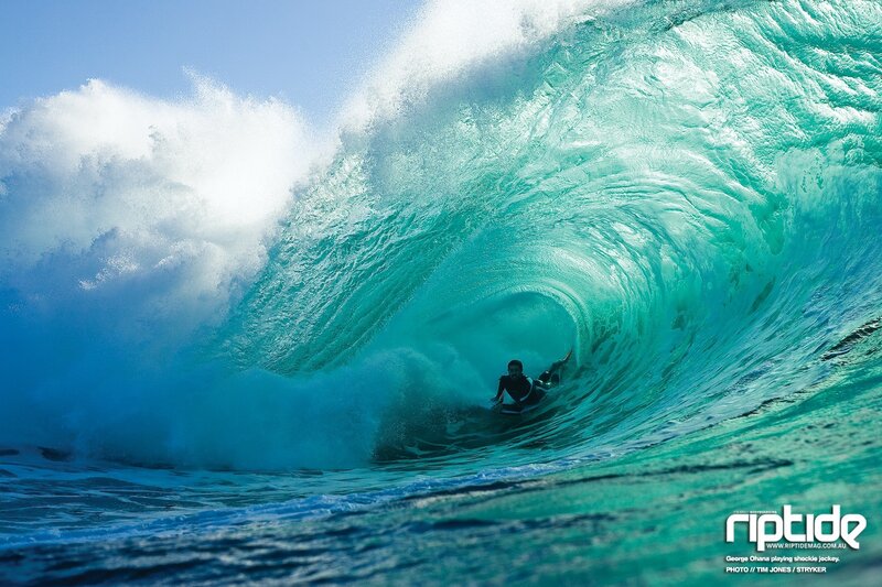 Surfer in Wave Tunnel — Blue, Dramatic, Afternoon, Photograph, Surfboard, Ocean, Green