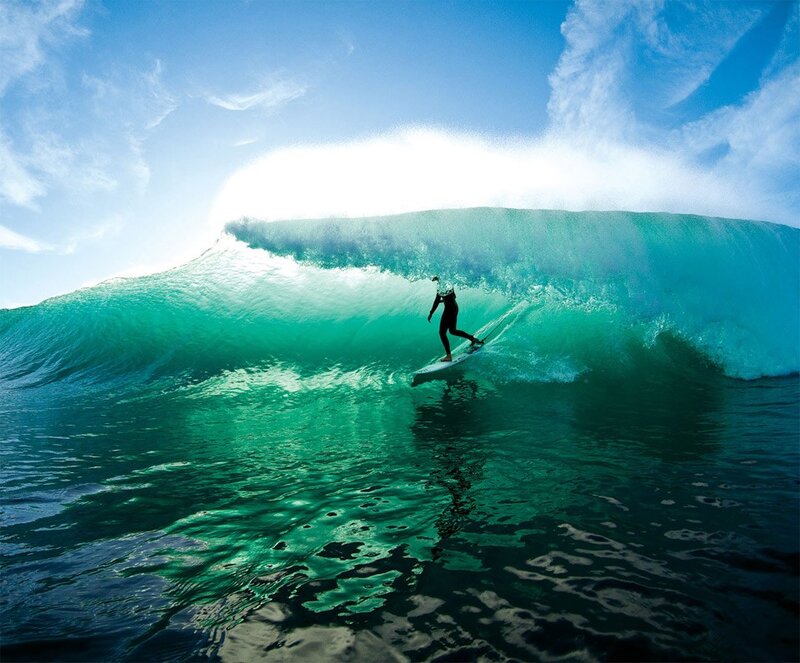 Surfer in Wave Tunnel — Blue, Dramatic, Afternoon, Photograph, Surfboard, Ocean, Green, White