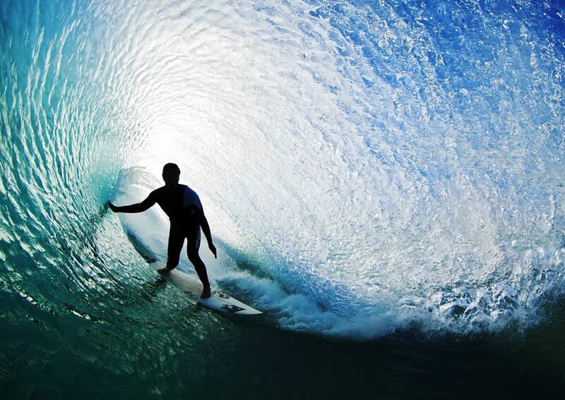 Surfer in Wave Tunnel — Blue, Dramatic, Afternoon, Photograph, Surfboard, Ocean, White, Black