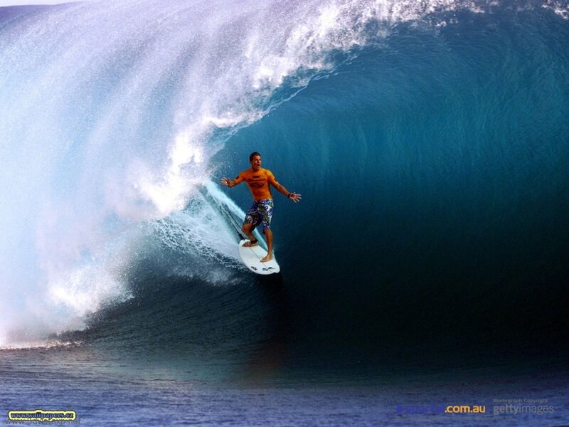 Surfer in Wave Tunnel — Blue, Dramatic, Afternoon, Photograph, Surfboard, Ocean, White, Orange