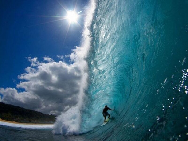 Surfer in Wave Tunnel — Blue, Dramatic, Afternoon, Photograph