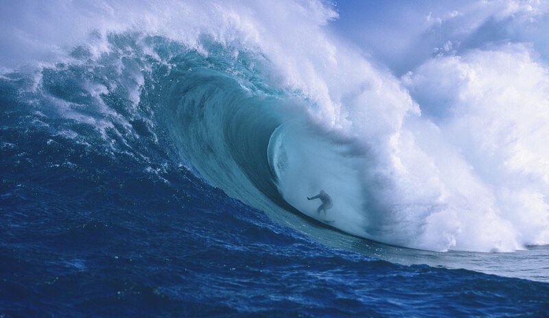 Surfer in Wave Tunnel — Blue, Dramatic, Afternoon