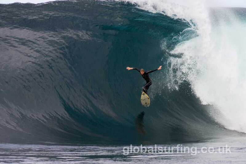 Surfer in Wave Tunnel — Blue, Dramatic, Photograph, Surfboard, Ocean, White, Black