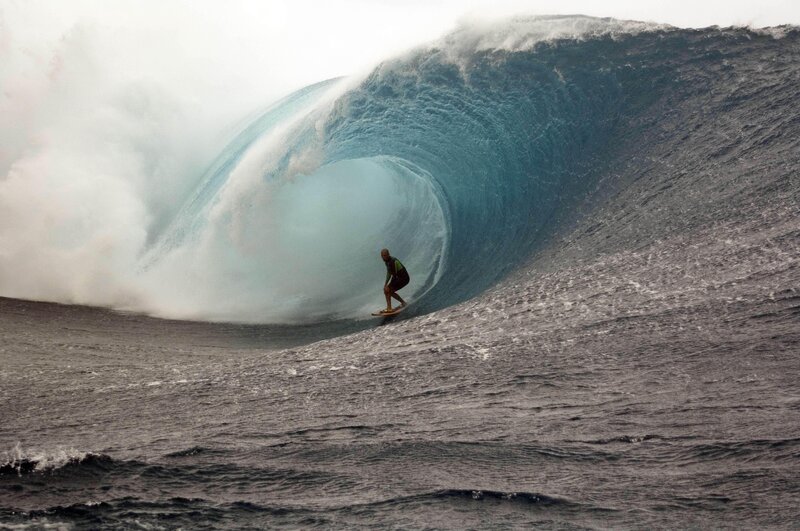Surfer in Wave Tunnel — Blue, Dramatic, Photograph, Surfboard