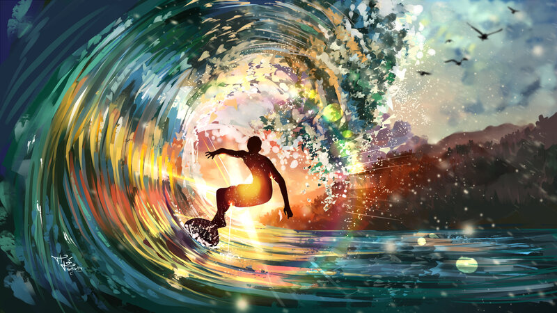 Surfer in Wave Tunnel — Blue, Dramatic, Sunset, Digital Art