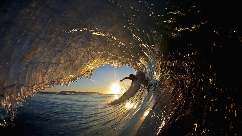 Surfer in Wave Tunnel — Blue, Dramatic, Sunset, Photograph, Sun, Ocean