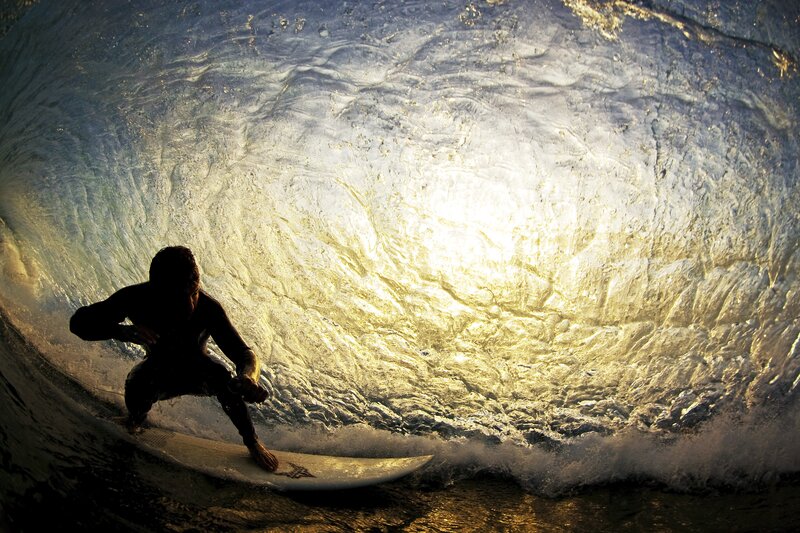 Surfer in Wave Tunnel — Blue, Dramatic, Sunset, Photograph, Surfboard, Sunlight