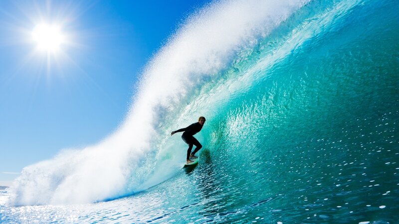 Surfer in Wave Tunnel — Blue, Dynamic, Afternoon, Photograph, Sun, Ocean, Surfboard