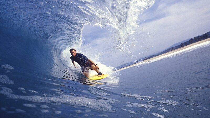 Surfer in Wave Tunnel — Blue, Dynamic, Afternoon, Photograph, Surfboard, Ocean, Beach, Mountains
