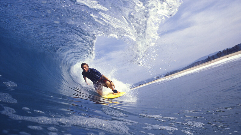 Surfer in Wave Tunnel — Blue, Dynamic, Afternoon, Photograph, Surfboard, Ocean, Beach