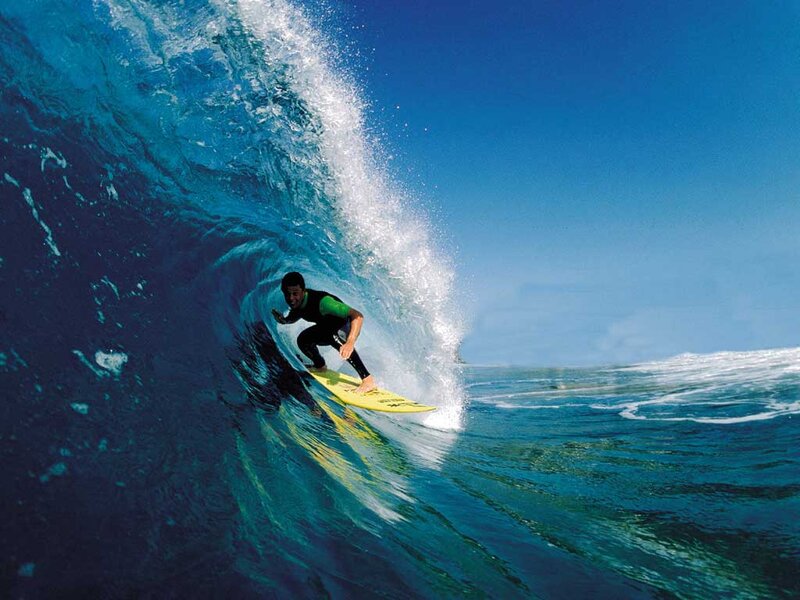 Surfer in Wave Tunnel — Blue, Dynamic, Afternoon, Photograph, Surfboard, Ocean, Sky