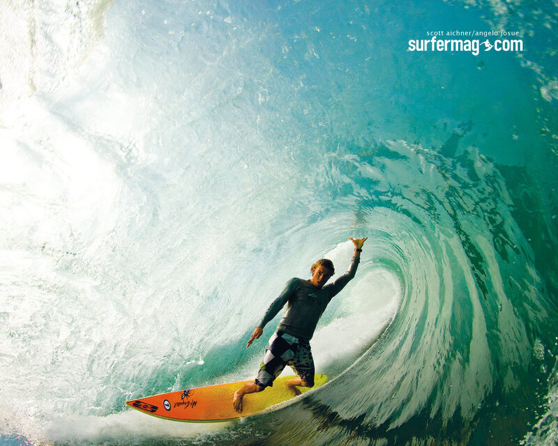 Surfer in Wave Tunnel — Blue, Dynamic, Afternoon, Photograph, Surfboard, Ocean, White, Orange