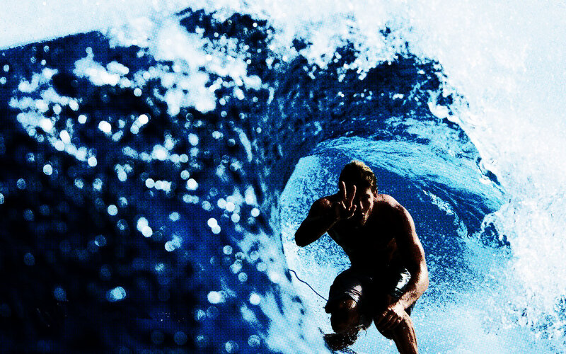 Surfer in Wave Tunnel — Blue, Dynamic, Photograph, Surfboard