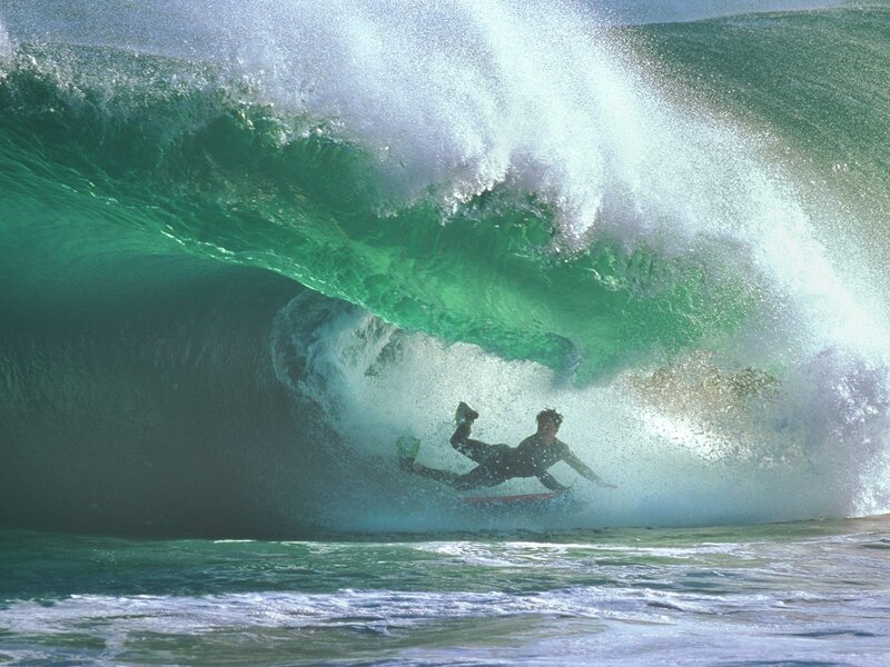 Surfer in Wave Tunnel — Green, Dramatic, Afternoon, Photograph, Surfboard