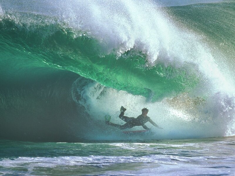 Surfer in Wave Tunnel — Green, Dramatic, Afternoon, Photograph