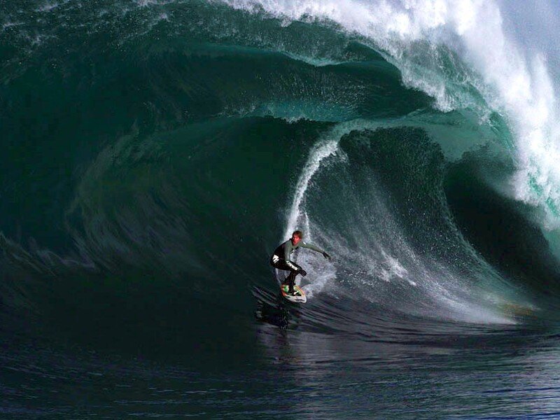Surfer in Wave Tunnel — Green, Dramatic, Photograph, Surfboard