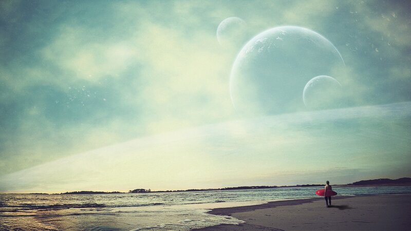 Surfer on alien beach