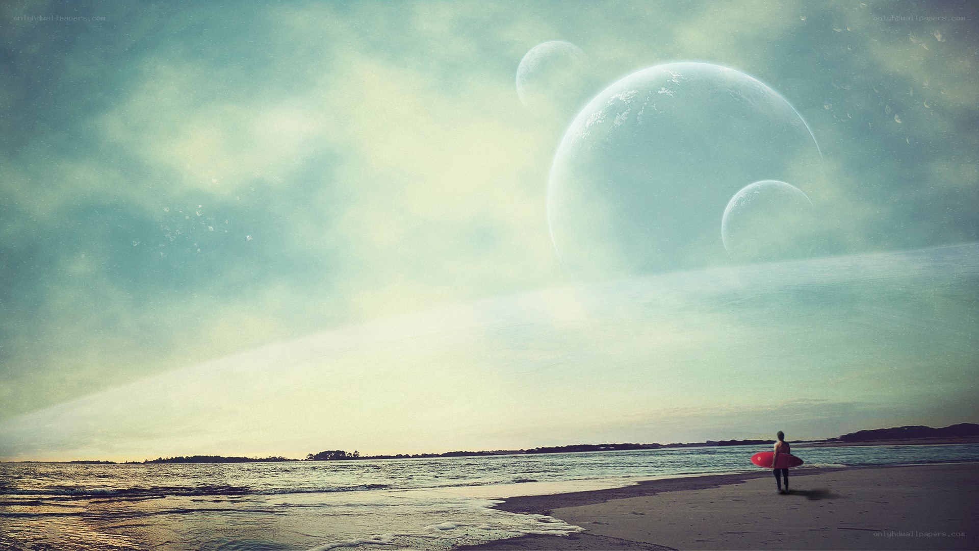 Surfer on alien beach