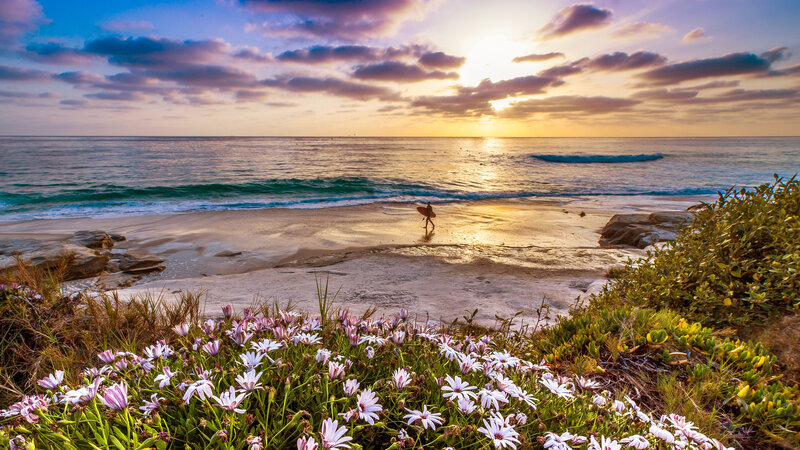 Surfer on Beach at Sunset — Blue