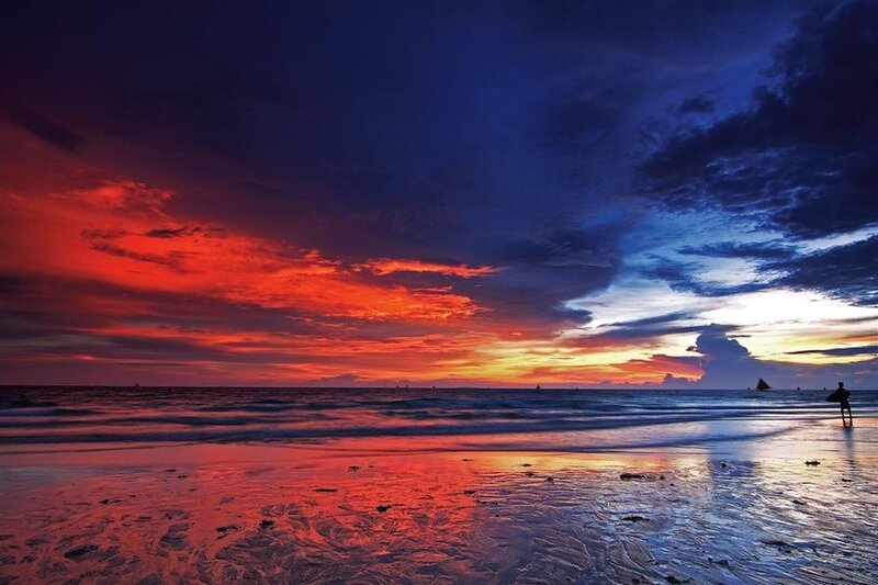 Surfer on Beach at Sunset — Red