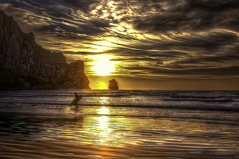 Surfer on Beach at Sunset
