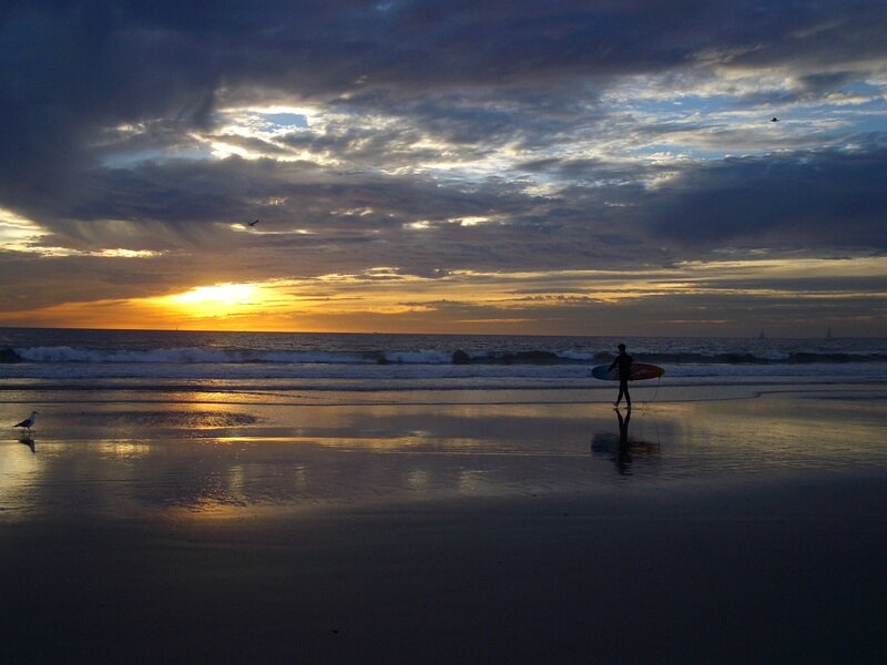 Surfer on Beach — Blue, Dramatic, Sunset