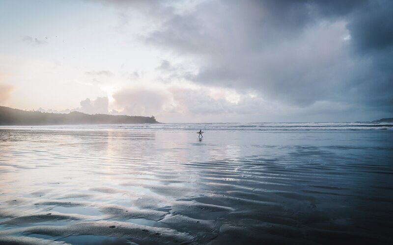 Surfer on Beach — Blue, Serene, Sunrise