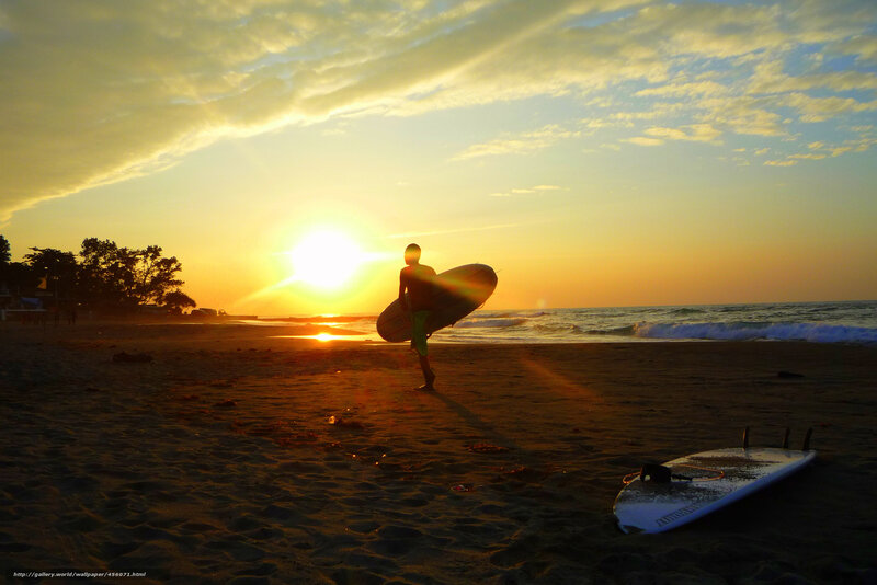 Surfer on Beach — Orange, Dramatic, Sunset, Photograph, Surfboard