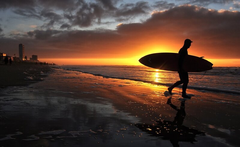 Surfer on Beach — Orange, Dramatic, Sunset, Photograph