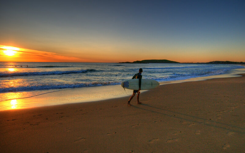 Surfer on Beach — Orange, Serene, Sunset, Photograph, Ocean, Island