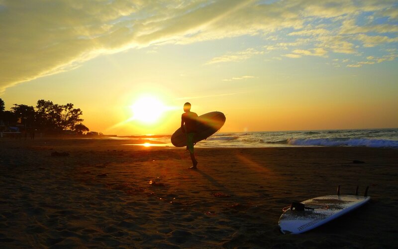Surfer on Beach — Orange, Serene, Sunset, Photograph, Sun