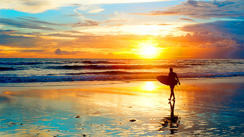 Surfer on Beach — Orange, Serene, Sunset