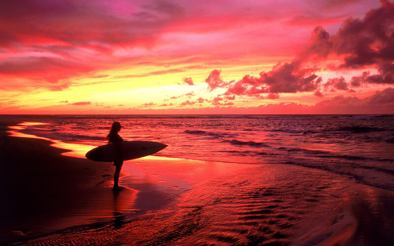 Surfer on Beach — Red, Dramatic, Sunset, Photograph