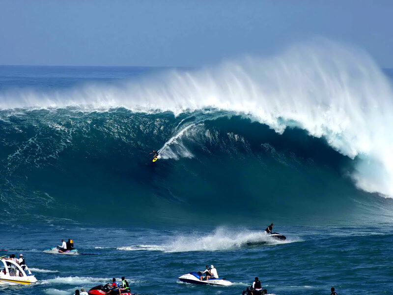 Surfer on Large Wave — Blue, Dramatic, Afternoon, Photograph, Jet Skis, Boat