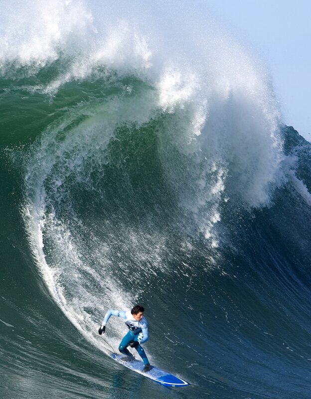 Surfer on Large Wave — Blue, Dramatic, Afternoon, Photograph, Surfboard, Ocean, Green