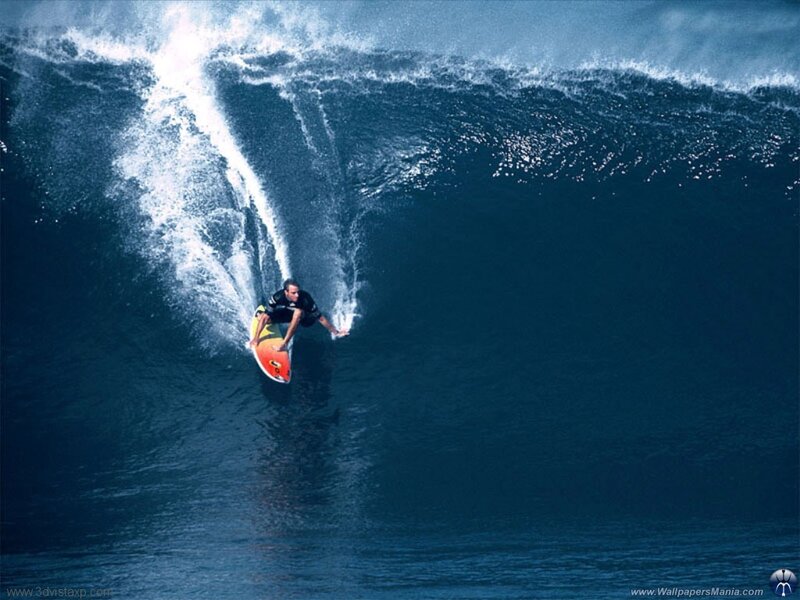 Surfer on Large Wave — Blue, Dramatic, Afternoon, Photograph, Surfboard, Ocean, White, Orange