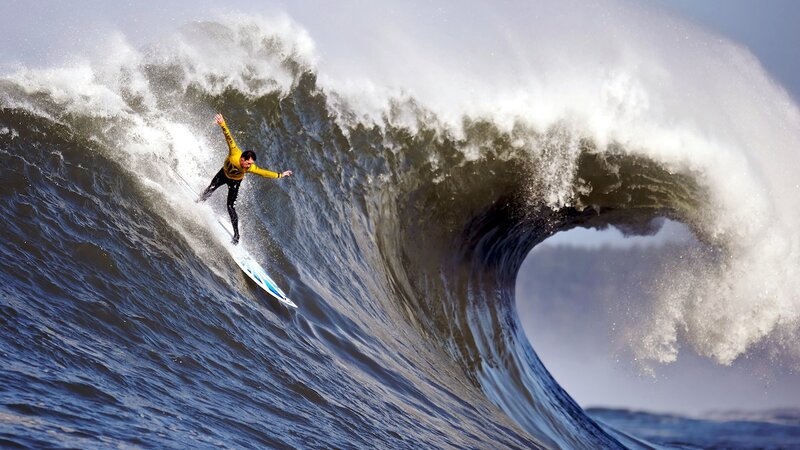 Surfer on Large Wave — Blue, Dramatic, Afternoon, Photograph, Surfboard