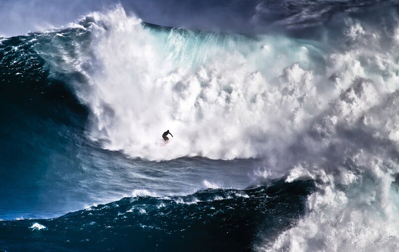 Surfer on Large Wave — Blue, Dramatic, Photograph, Ocean, Surfboard
