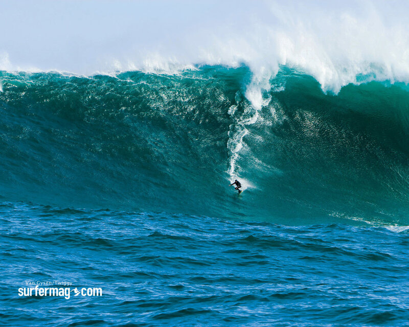 Surfer on Large Wave — Blue, Dramatic, Photograph, Ocean, Surfboard, White