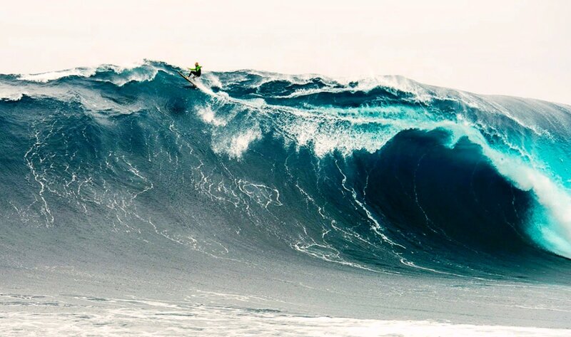 Surfer on Large Wave — Blue, Dramatic, Photograph, Ocean