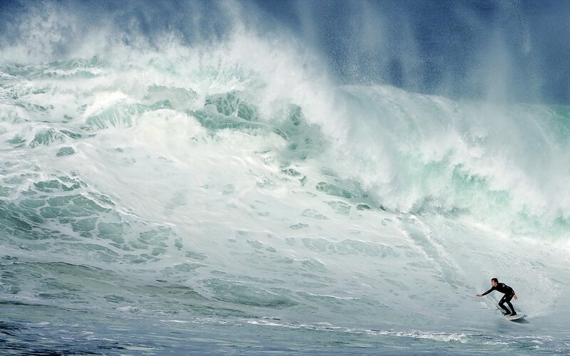 Surfer on Large Wave — Blue, Dramatic, Photograph, Surfboard